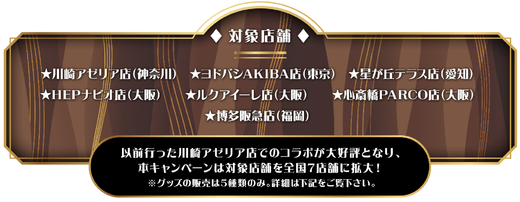 対象店舗:★川崎アゼリア店(神奈川)★ヨドバシAKIBA店(東京)★星が丘テラス店(愛知)★HEPナビオ店(大阪)★ルクアイーレ店(大阪)★心斎橋PARCO店(大阪)★博多阪急店(福岡)以前行った川崎アゼリア店でのコラボが大好評となり、本キャンペーンは対象店舗を全国7店舗に拡大!※グッズの販売は5種類のみ。詳細は下記をご覧下さい。